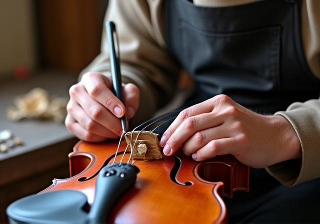 Ein Geigenbauer bei der Feinarbeit an einer Violine